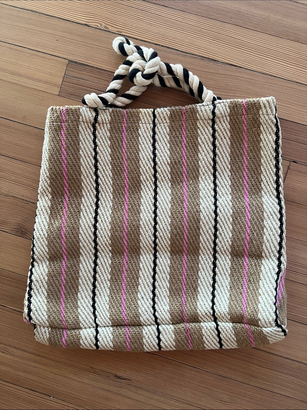 Woven Stripe Tote Bag in Tan, Cream & Pink